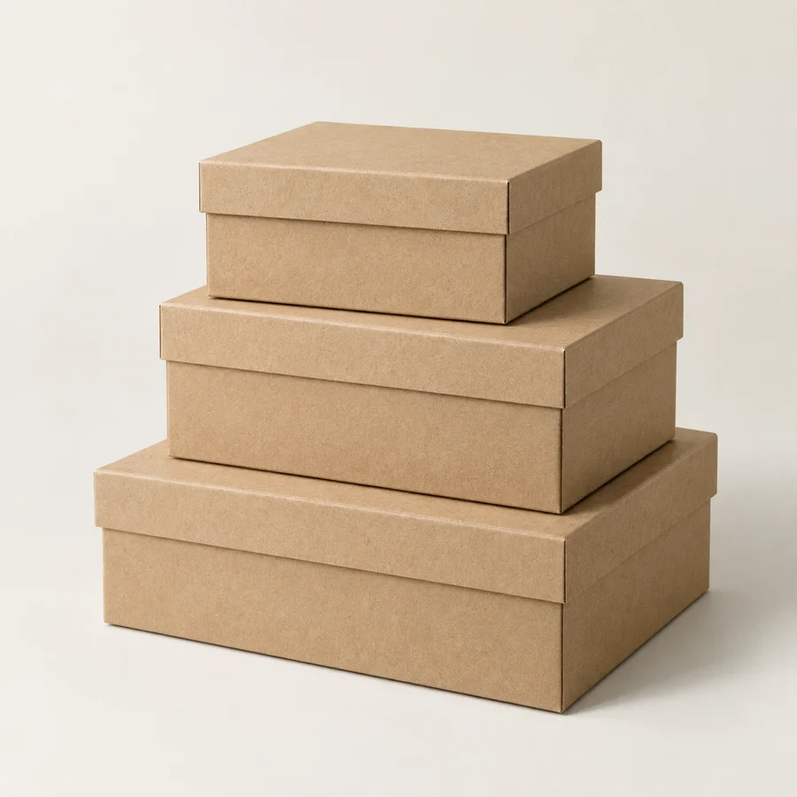 Three natural kraft lidded archive boxes stacked on a warm ivory background.