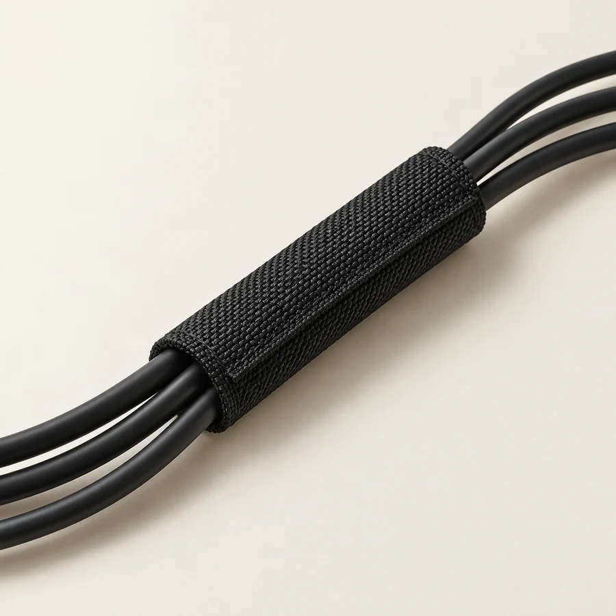 Short length of black woven cable sleeve wrapping generic cables, neutral studio shot.