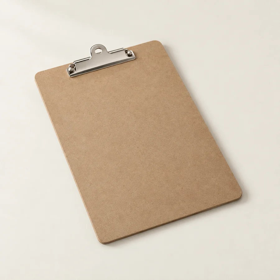 Plain brown hardboard clipboard with metal clip, no text or brand.