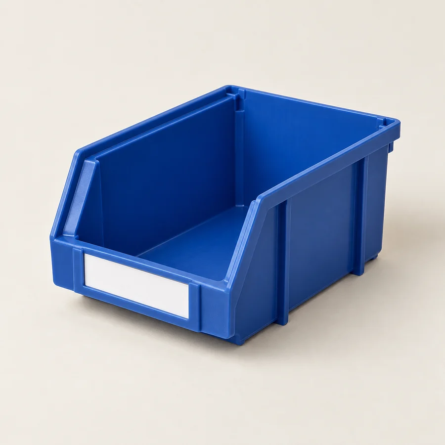 Blue open-front stackable parts bin, three-quarter angle, warm-white seamless background.