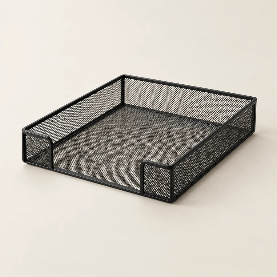 Black mesh desktop document tray, empty, no papers with readable information.