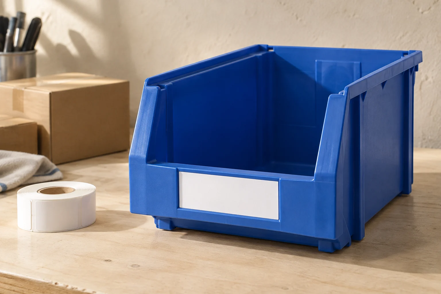 A blue parts bin, blank inventory labels, and kraft boxes in soft studio light.