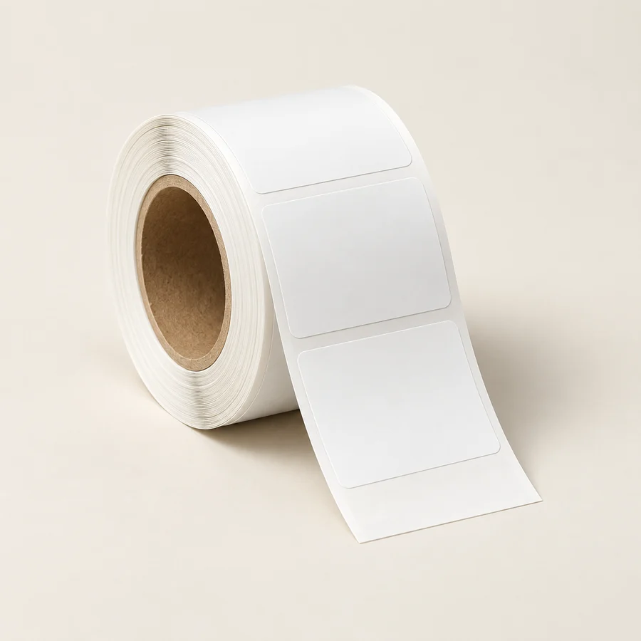 Roll of plain white rectangular stockroom labels, no real barcodes or brand.