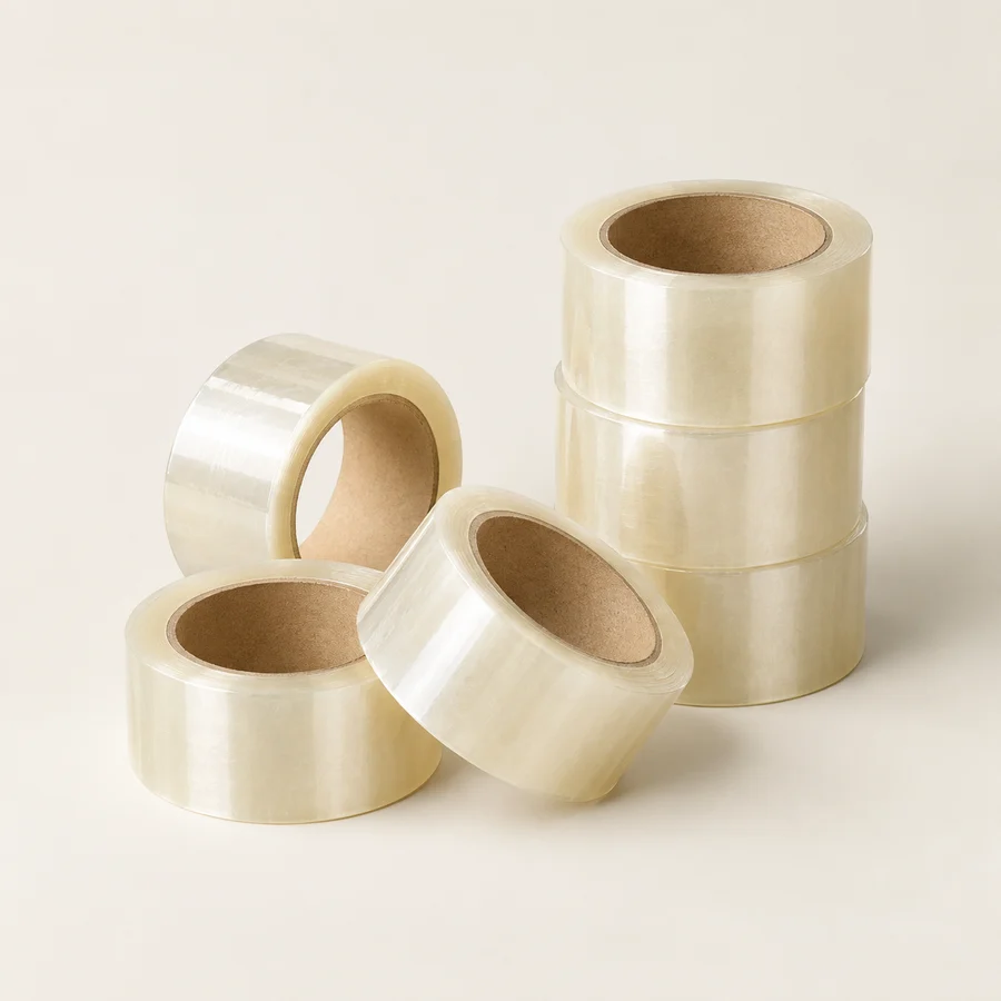 Six rolls of clear packing tape, unbranded kraft cores, grouped neatly.