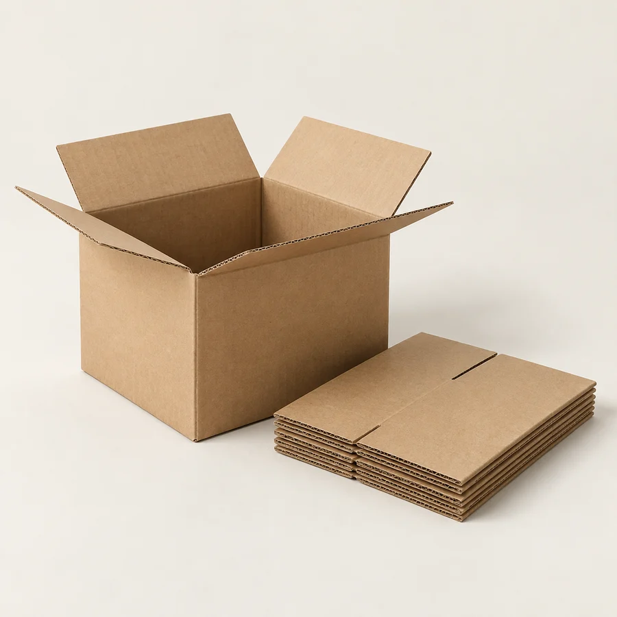 One open plain shipping carton and a small stack of flat cartons on white.