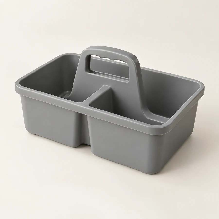 Gray open utility caddy with central handle, isolated unbranded product.