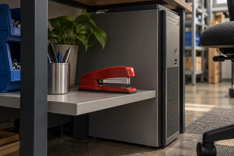 Gary's red stapler on a shelf in the physical office.