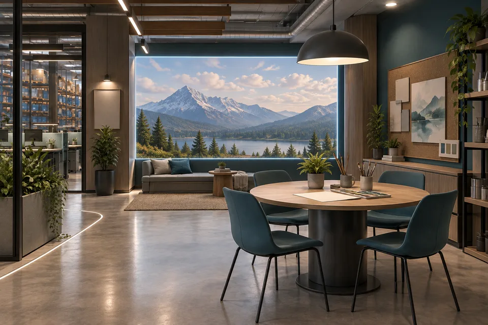 A virtual workshop room with an expansive mountain outlook.