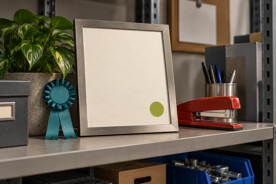 A carefully arranged recognition display and certificate frame.